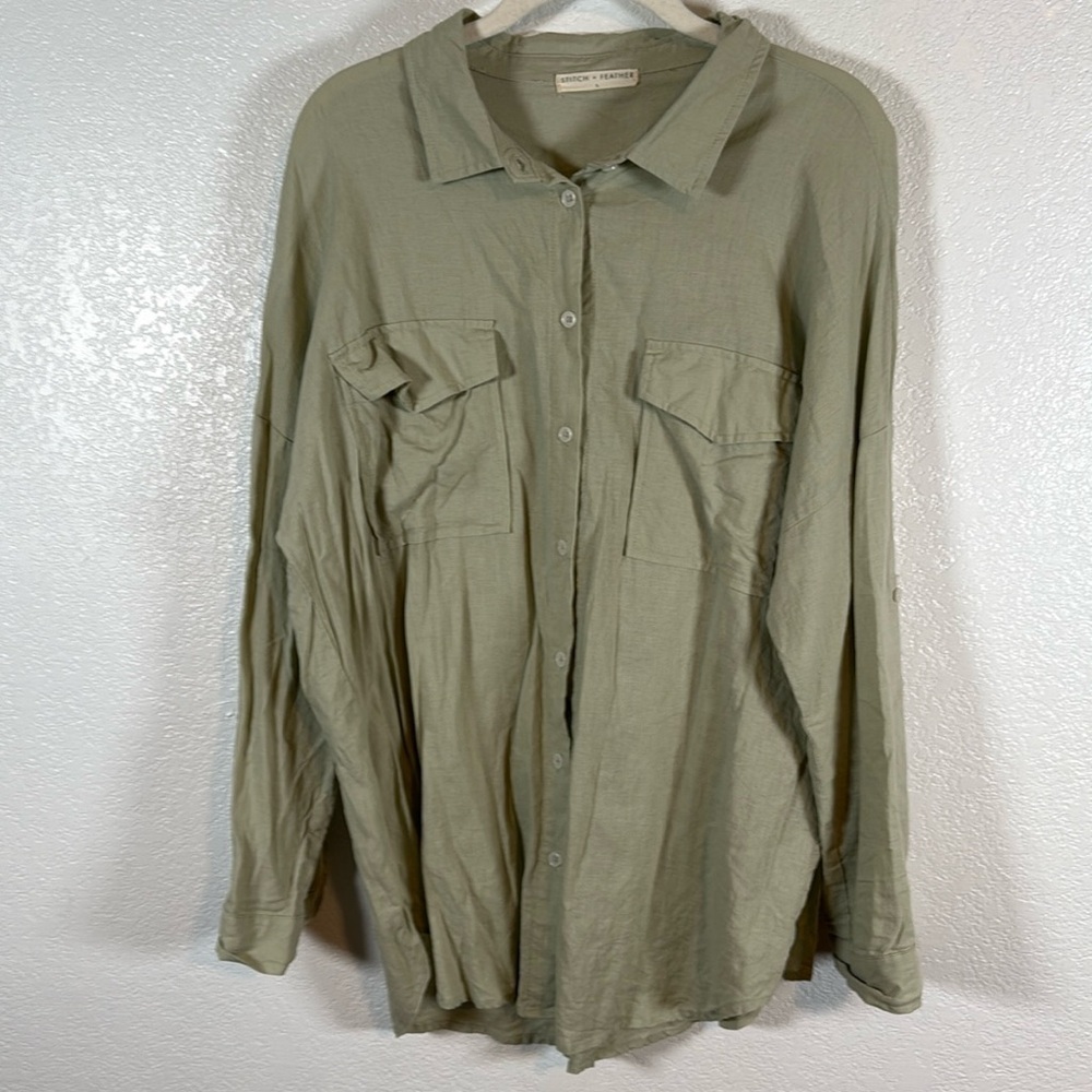 Stitch + Feather Green Linen Button Down Shirt Roll Tab Sleeves Size Large